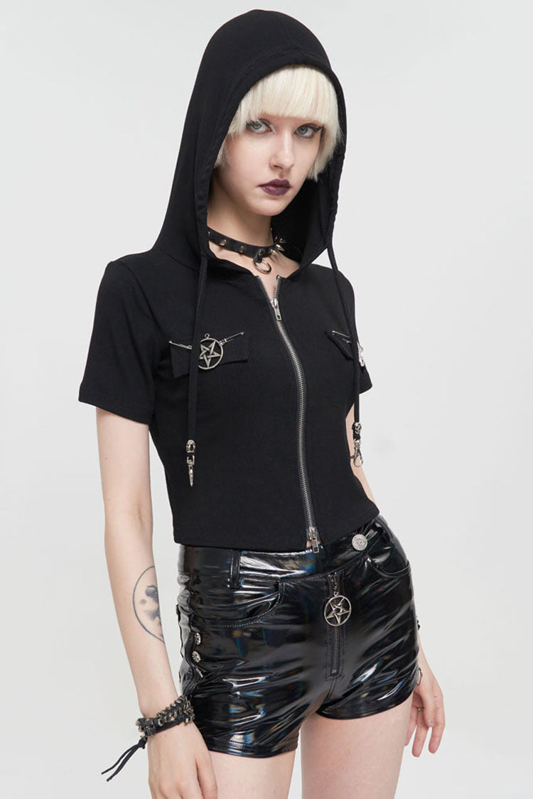 Black Punk Front Metal Zipper Pentagram On Both Sides Hooded Women's T-Shirt