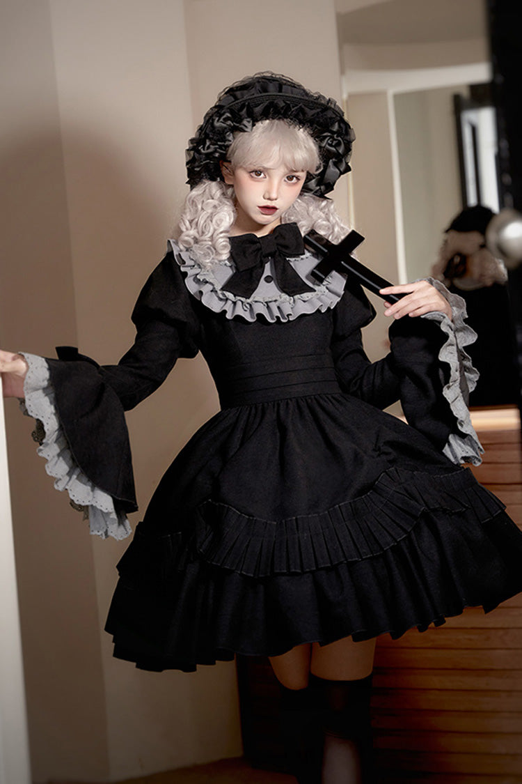 Black [Chapter of the Night] Long Hime Sleeves Ruffle Bowknot Gothic Lolita Dress