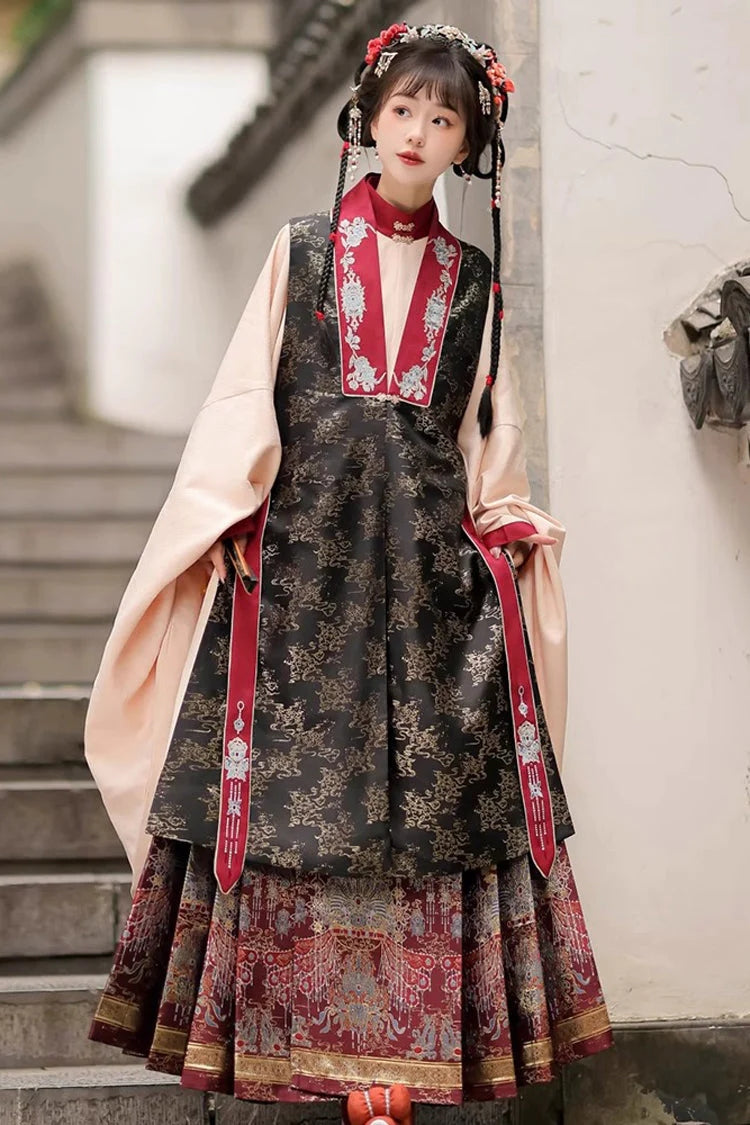 Black/Red Round Collar High Waisted Hot Stamping Embroidery Chinese Style Hanfu Dress Three Piece