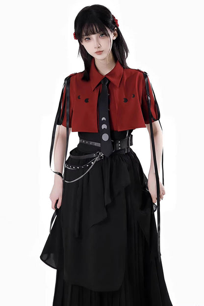 Red/Black [Moonlight Flowing] Long/Short Sleeves Ruffled Asymmetric Gothic Jirai Kei Skirt Set