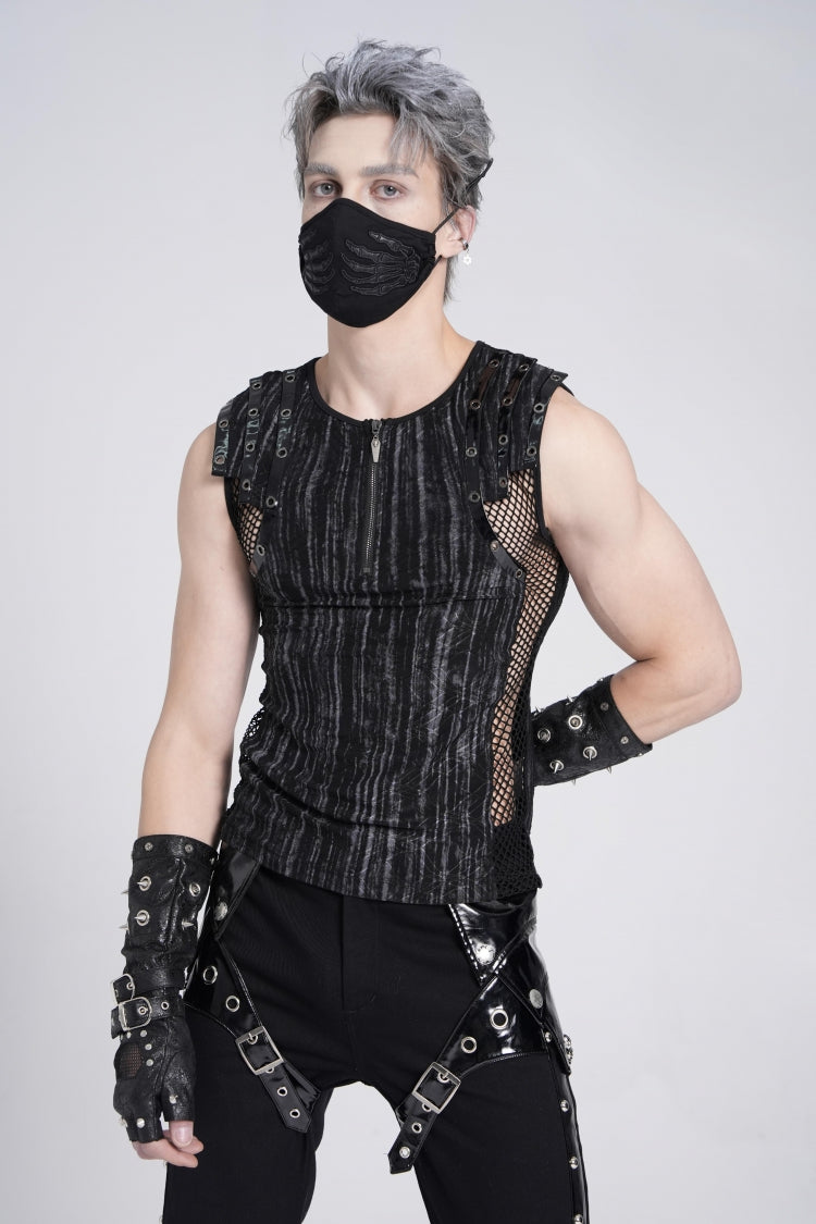 Black Sleeveless Ribbed Print Stitching Mesh Zipper Men's Gothic Vest