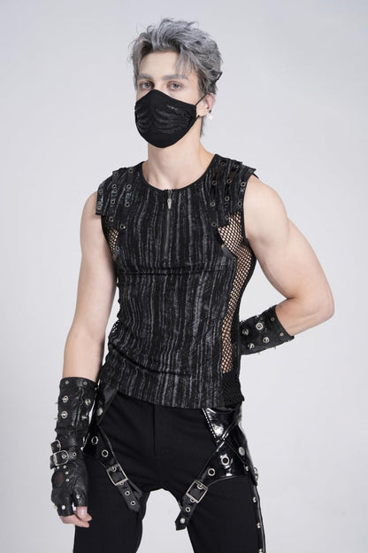 Black Sleeveless Ribbed Print Stitching Mesh Zipper Men's Gothic Vest