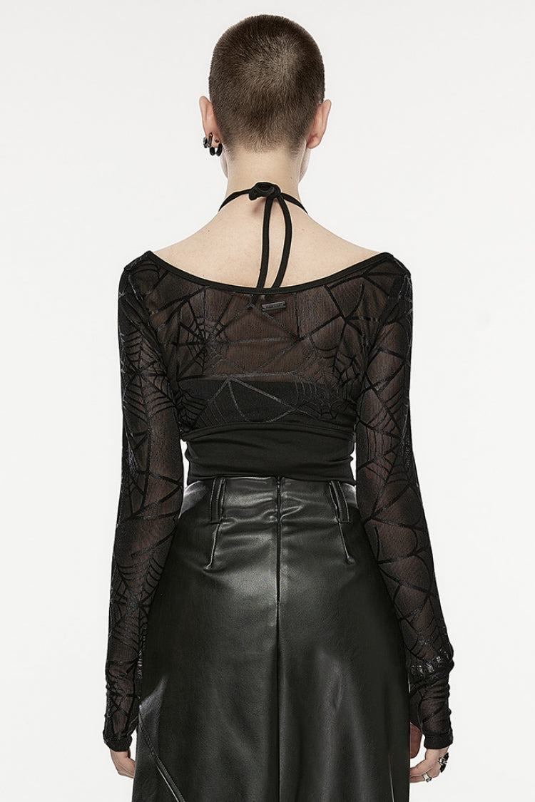 Black Spider Web Print Hollow Halter Neck Women's Punk Two-Piece Set (T-Shirt and Vest)