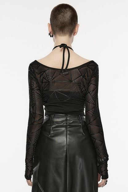 Black Spider Web Print Hollow Halter Neck Women's Punk Two-Piece Set (T-Shirt and Vest)