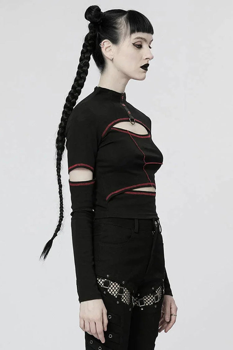Comfortable Stitching Chain Cutout Turtleneck Ribbon Style Stretch Women's Punk T-Shirt 2 Colors