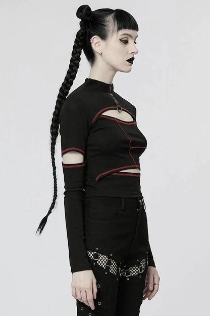 Comfortable Stitching Chain Cutout Turtleneck Ribbon Style Stretch Women's Punk T-Shirt 2 Colors
