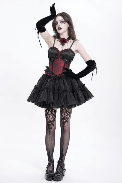 Red Sleeveless Ruffle Embroidery Lace-Up Women's Gothic Tank Top