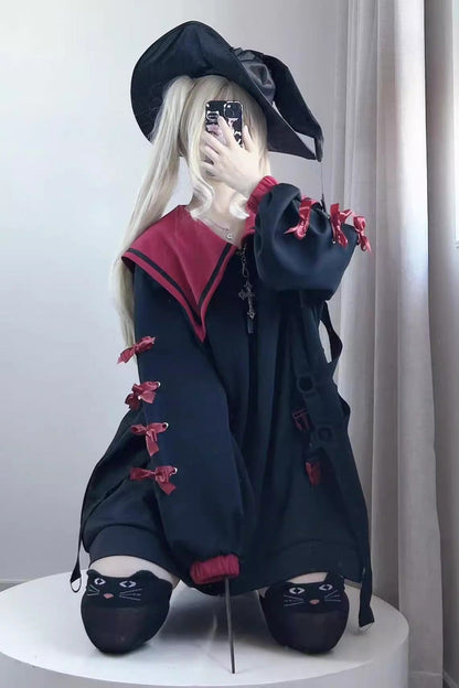 Sailor Collar Long Sleeves Cross Print Bowknot Sweet Jirai Kei Coat 3 Colors