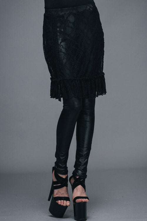 Black Rose Lace Mesh Outer Skirt Gothic Faux Leather Womens Pants