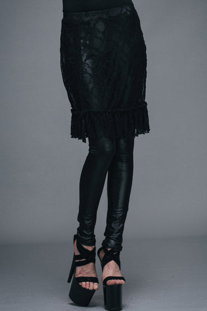 Black Rose Lace Mesh Outer Skirt Gothic Faux Leather Womens Pants
