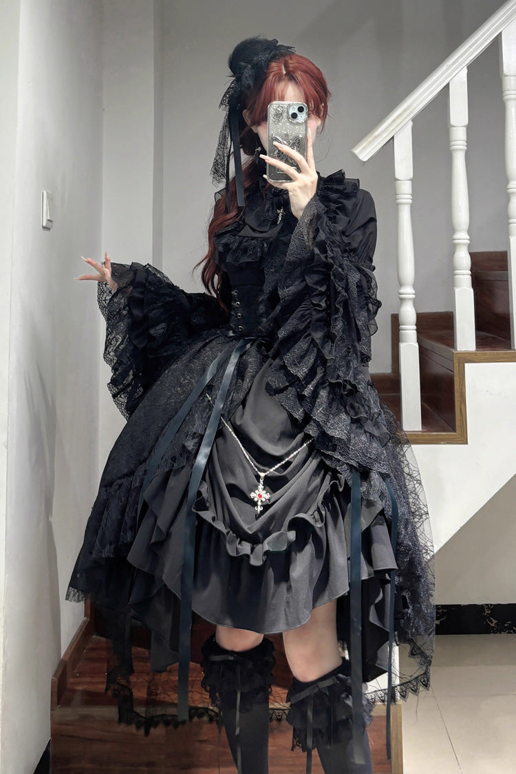 Black [Eternal Taboo] Long Hime Sleeves Ruffled Bow Gothic Lolita Skirt Dress Set