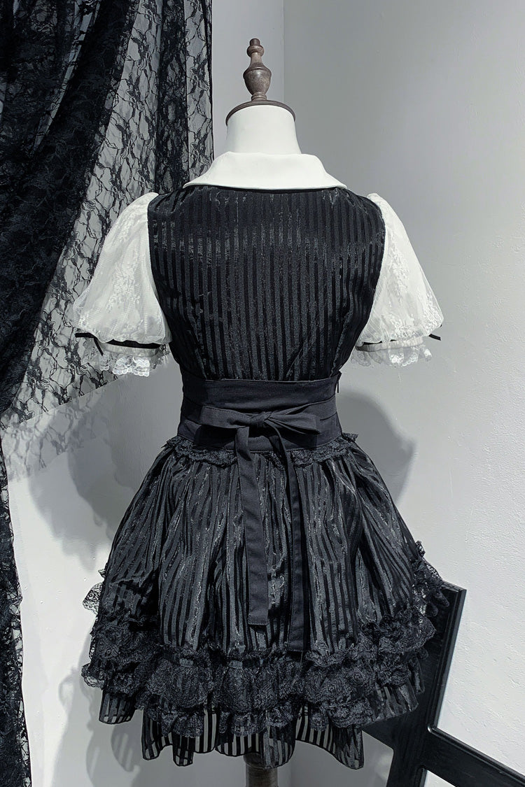 Black/White [Dream Night Song] Short Sleeves Stripe Print Bowknot Lace Gothic Jirai Kei Dress
