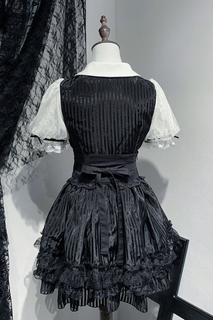 Black/White [Dream Night Song] Short Sleeves Stripe Print Bowknot Lace Gothic Jirai Kei Dress