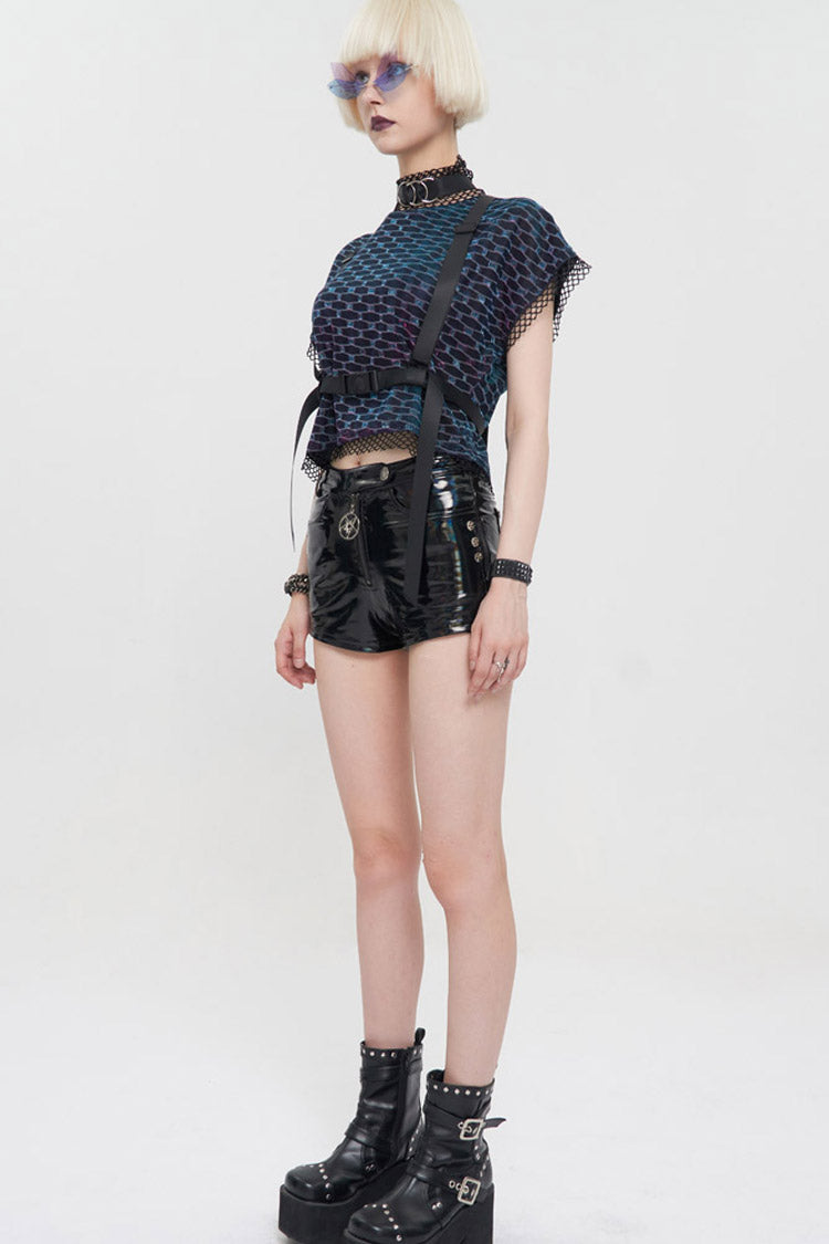 Multi-Color Punk Mesh Fabric Adjustable Strap Collar Round Neck Short Sleeve Women's T-Shirt