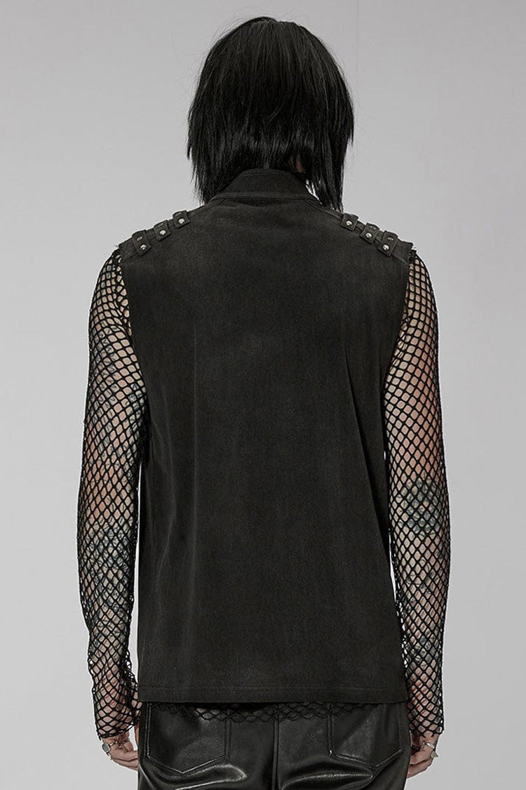 Black Punk Stand Collar Anterior Middle Asymmetry Design Zipper Shoulder Decorate Webbing Men's Vest