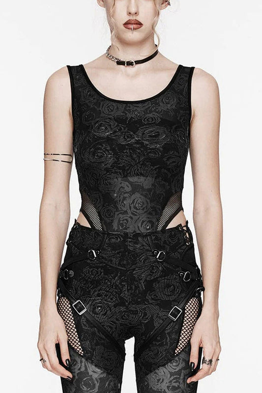 Sleeveless Print Hollow Lace Mesh Sheer Womens Steampunk Bodysuit 3 Colors