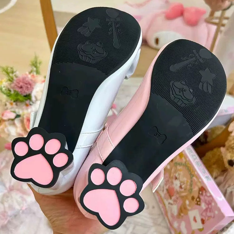 Cute Cat Element Round-Toe Bow Mary Jane Shoes with Cat Paw Heels 7 Colors