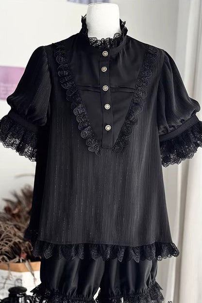 Black Stand Collar Long Short Sleeves Printed Ruffled Lace Gothic Ouji Lolita Set 2 Versions