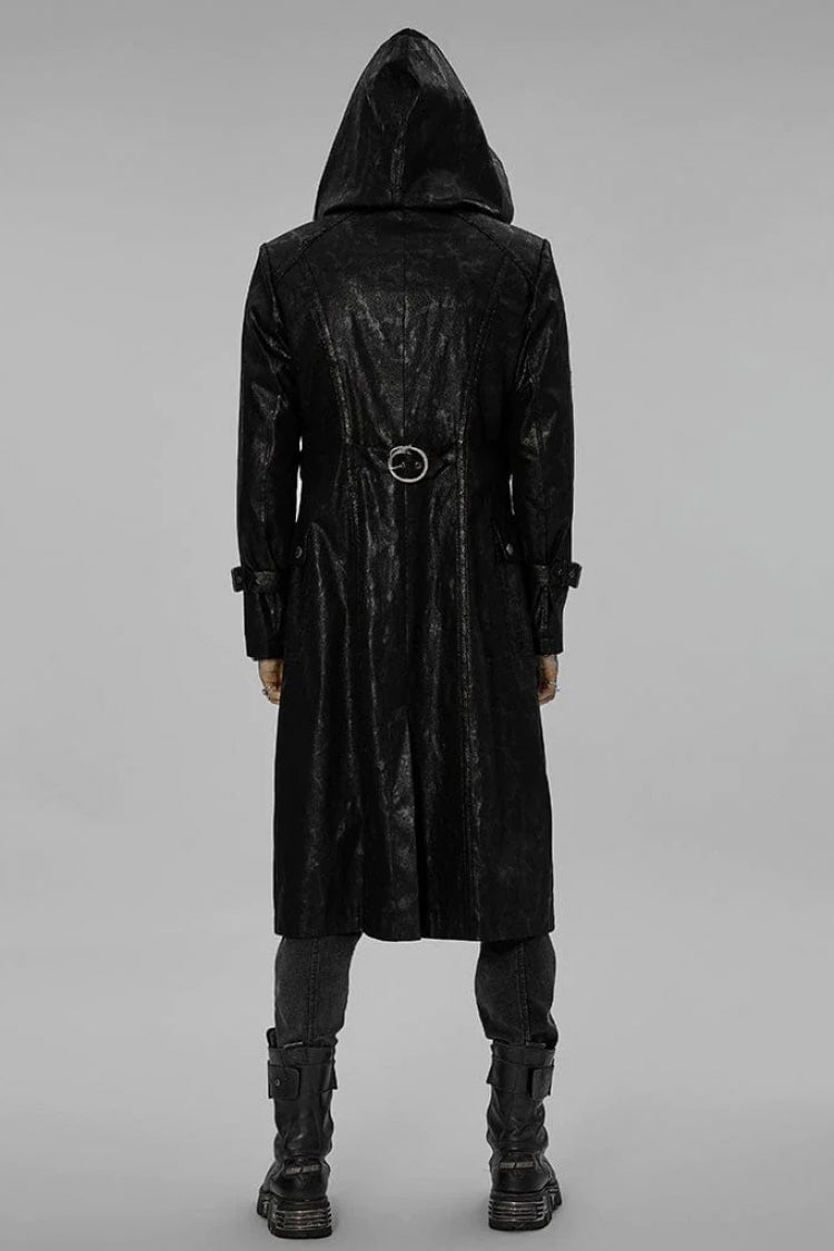 Black Stand Collar Print Asymmetric Metal Chain Zip Mens Steampunk Coat