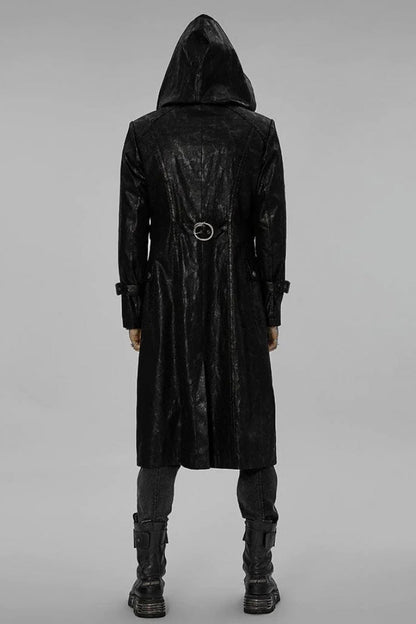Black Stand Collar Print Asymmetric Metal Chain Zip Mens Steampunk Coat