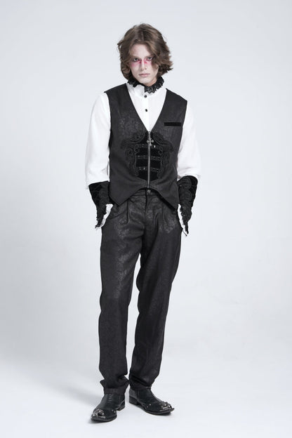 Black Sleeveless Floral Embroidery Stitching Velvet Men's Gothic Vest