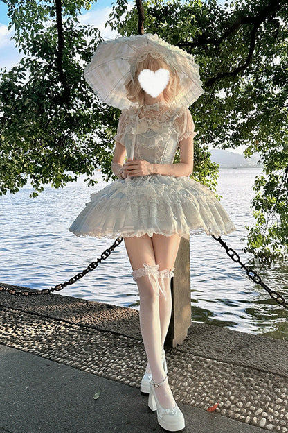 Blue [Candy House] Sleeveless Ruffle Bowknot Lace Lace-Up Sweet Lolita Jsk Dress