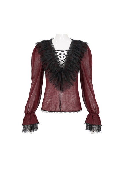 Red Thin Waist Plaid Stitching Layered Lace Long Sleeves Women's Gothic Shirt