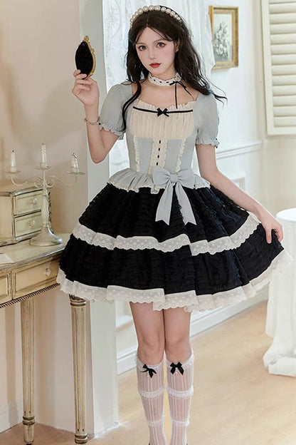 Black/Blue Mint Dark Chocolate Fake Two-piece Square Collar Ruffle Bowknot Sweet Lolita Dress