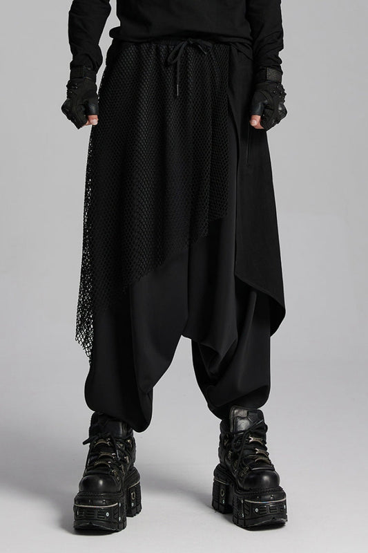 Black Mesh Asymmetric Zipper Men's Punk Pants