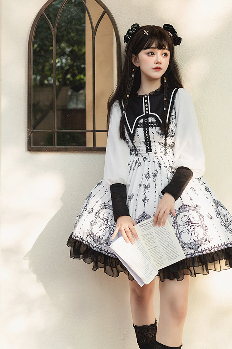 Black/White Long Sleeves Lace Ruffle Butterfly Magic Print Gothic Lolita OP Dress
