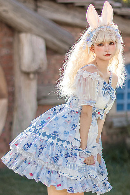 Blue Alice Rabbit Print Multi Layer Design Sweet Lolita JSK Dress