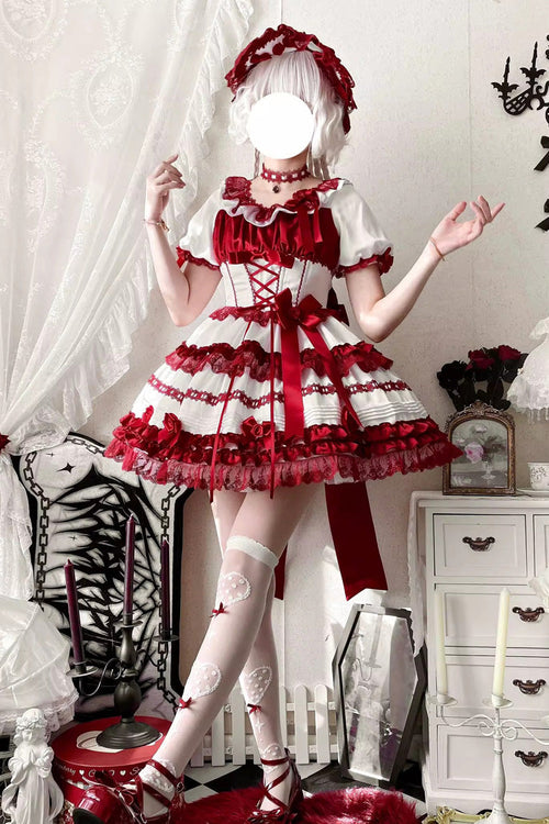 White/Red [Layered Red Velvet] Short Sleeves Ruffle Bowknot Lace Sweet Lolita Dress