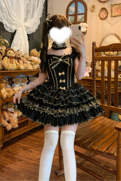 Black Sleeveless Multi-Layered Polka Dots Printed Ruffled Bow Sweet Princess Lolita Jsk Dress