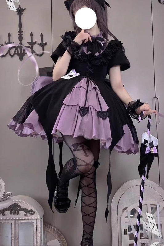 Black/Purple [Phantom Thief Ace of Spades] Short Sleeves Ruffle Bowknot Gothic Lolita Dress Set