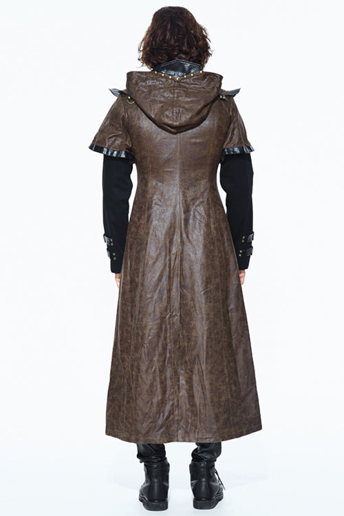 Double Sleeves Steampunk Brown Leather Hooded Mens Long Coat