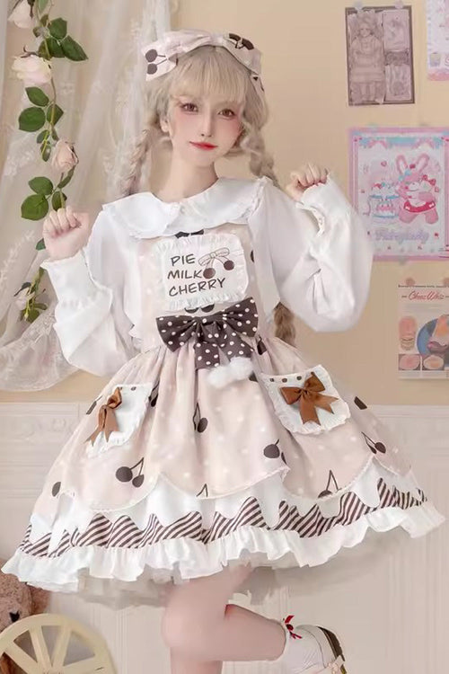 Multi-Color Cherry Milk Pie Print Ruffle Bowknot Stitching Sweet Lolita Jsk Dress