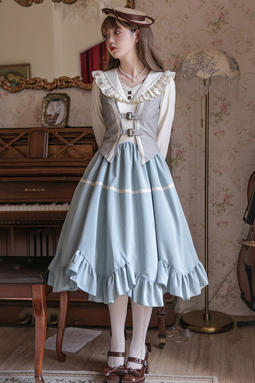 Blue Vintage Elegant V Collar Long Sleeves Petal Hem Fake Three Pieces Sweet Lolita OP Dress Full Set