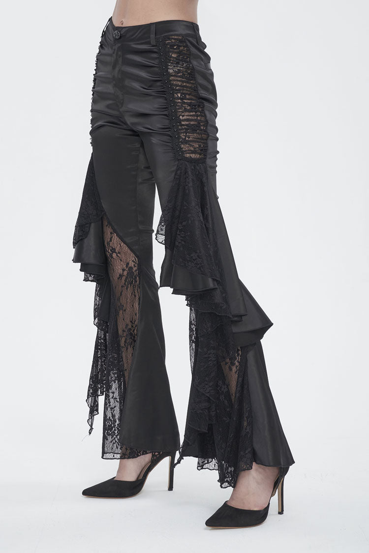 Black Ruffle Lace Stitching Womens Gothic Flared Pant
