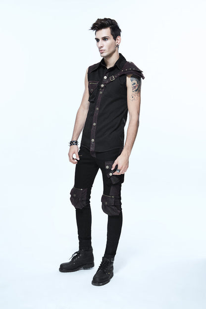 Black Twill Brown One Shoulder Armor Heat Seal Hasp Sleeveless Men's Punk Shirt