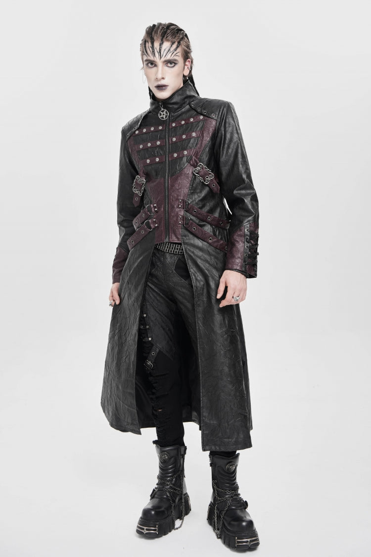 Black/Red Stand Collar Zipper Straps Eyelet Men's Punk Coat