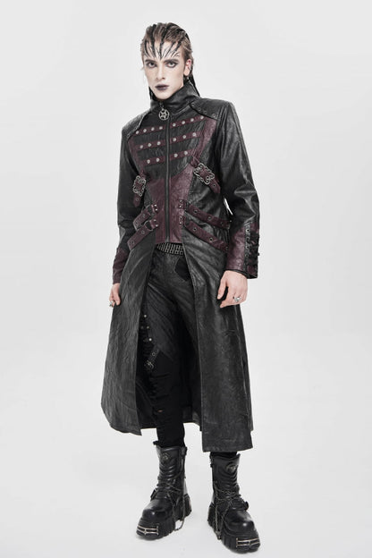 Black/Red Stand Collar Zipper Straps Eyelet Men's Punk Coat