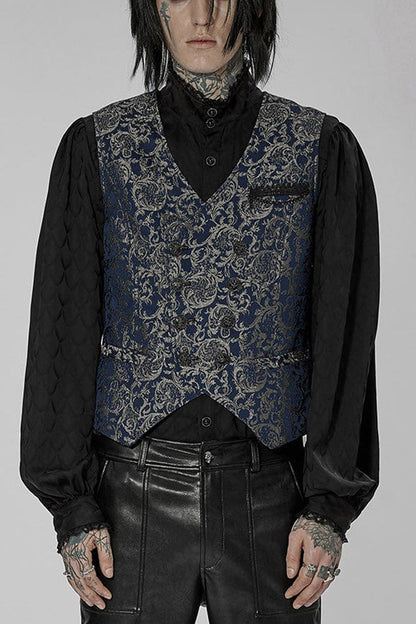 Blue Punk Gorgeous V Neck Asymmetrical Relief Sculpture Jacquard Double Row Hand Seam Button Men's Vest
