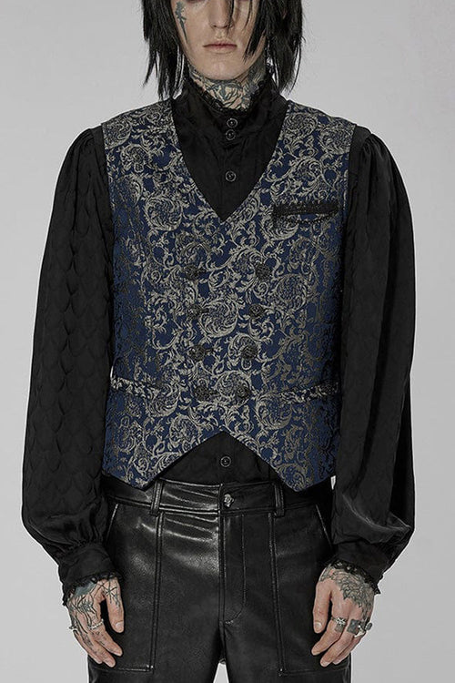 Blue Punk Gorgeous V Neck Asymmetrical Relief Sculpture Jacquard Double Row Hand Seam Button Men's Vest