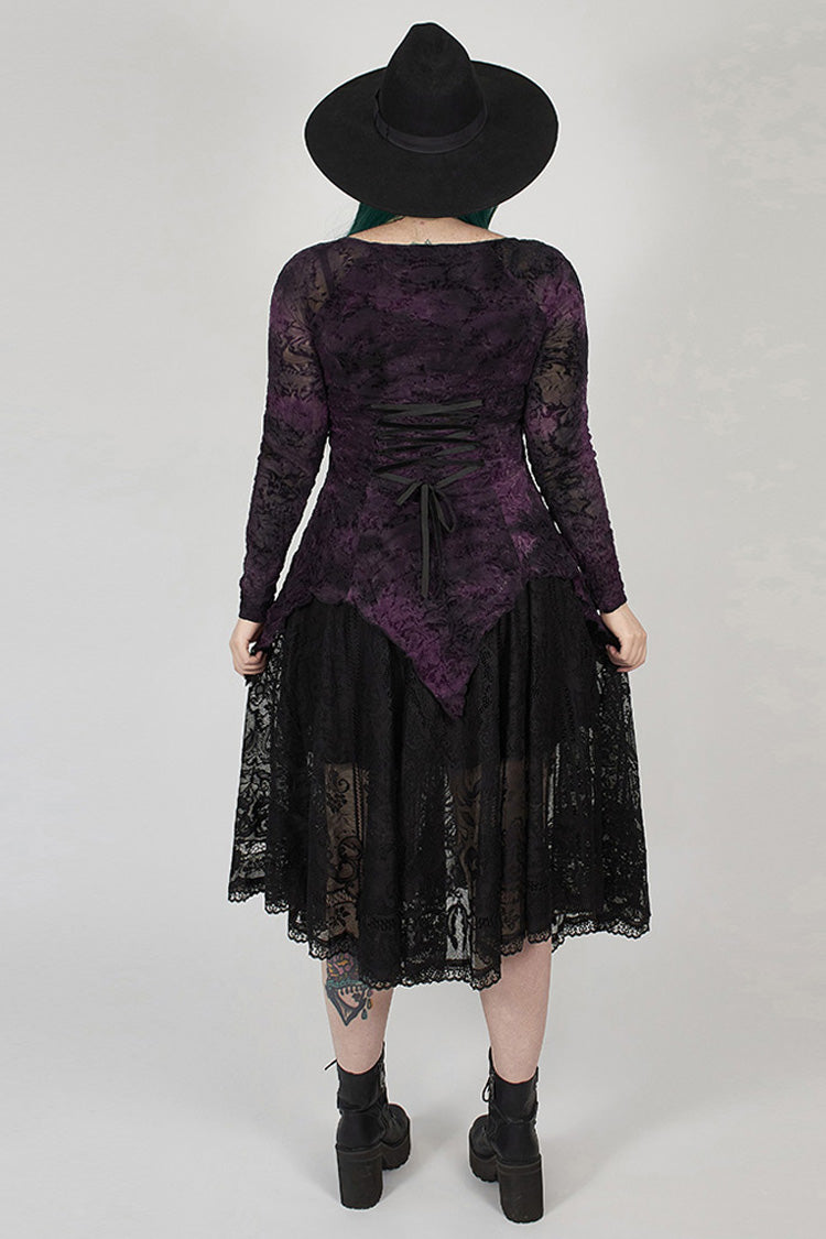 Purple V-Neck Front Splice Rose Lace Mesh Back Waist Lace-Up Irregular Hem Plus Size Knit Women's Gothic T-Shirt