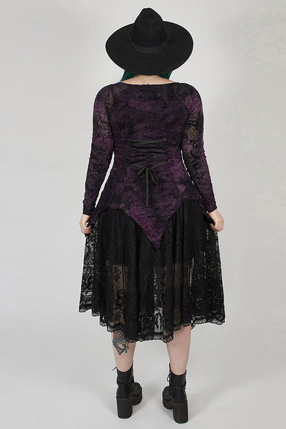 Purple V-Neck Front Splice Rose Lace Mesh Back Waist Lace-Up Irregular Hem Plus Size Knit Women's Gothic T-Shirt