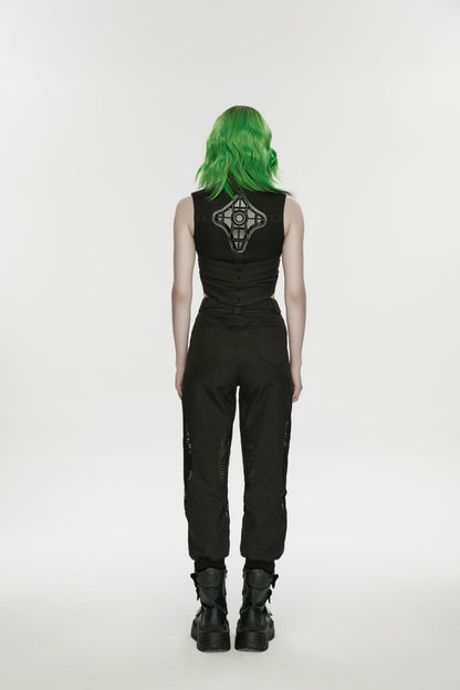 Black Women's Punk Handsome Buckle-up Studded Mesh Cargo Pants