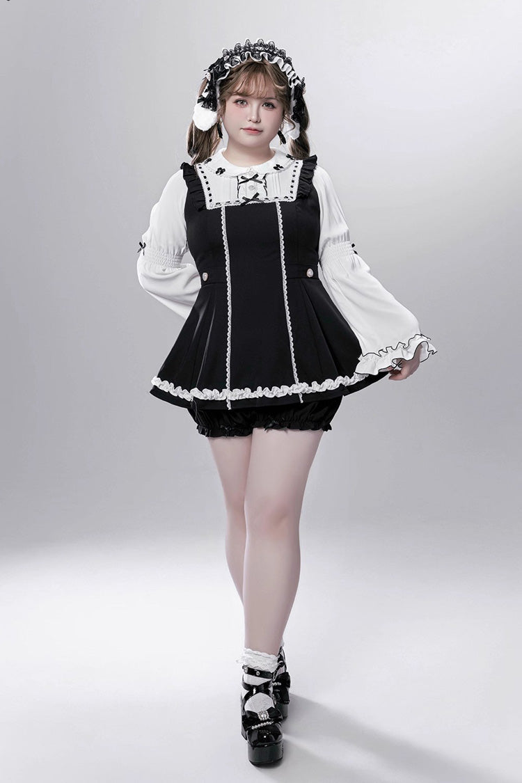 Black/White [Showcase Doll] Japanese Maid-Style Long Sleeves Ruffle Bowknot Jirai Kei Japanese Dress Shorts Set with Detachable Apron