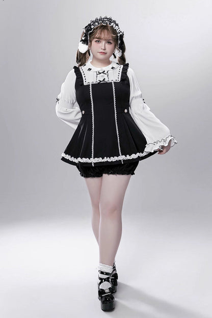 Black/White [Showcase Doll] Japanese Maid-Style Long Sleeves Ruffle Bowknot Jirai Kei Japanese Dress Shorts Set with Detachable Apron