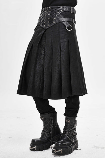 Black Punk Metallic Mist Textured Leather Waistband Grain Pleated Mens Kilts