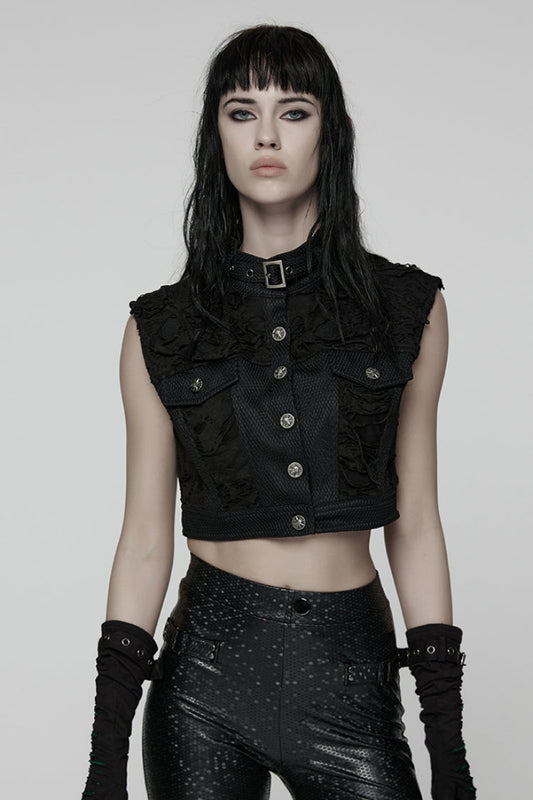 Black Stand Collar Sleeveless Ripped Buckle Women's Punk Short Vest